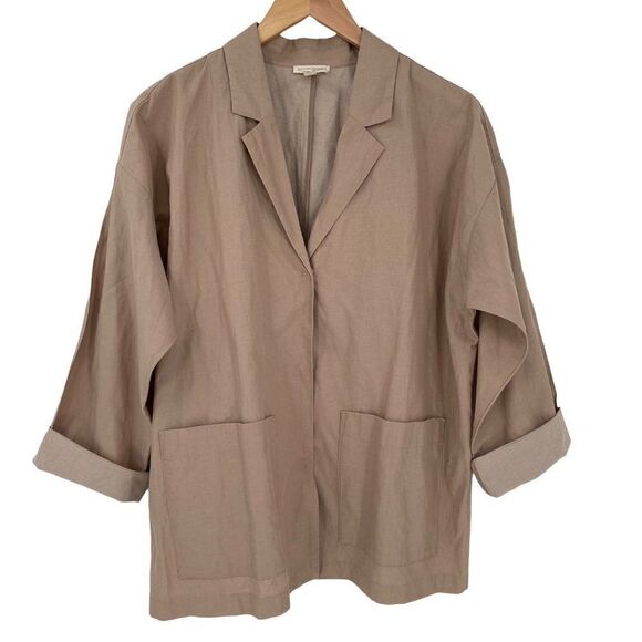 Eileen Fisher Bramble Boxy Crinkle Organic Cotton Steel Blazer Jacket Large Tan - Picture 7 of 15